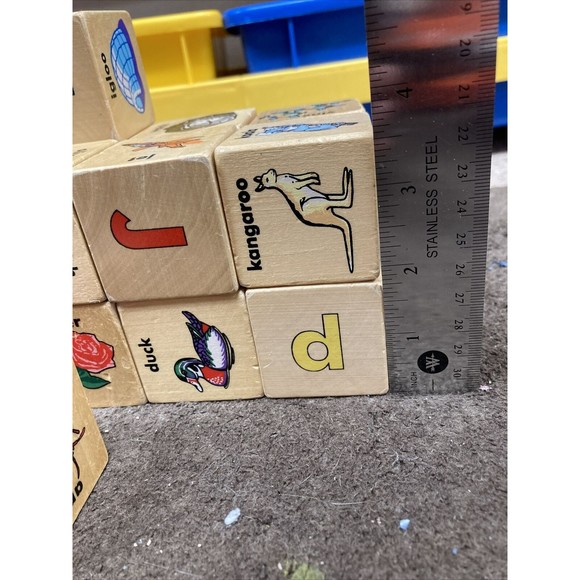 Lot 25 Wooden Toy Blocks Vintage Alphabet Letters Animals Object Wood Cube - Picture 11 of 11